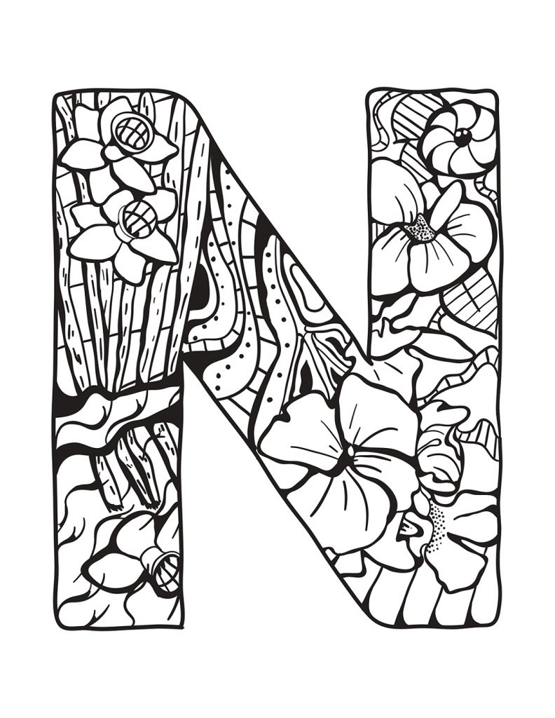 Zentangle Letter N Coloring Page